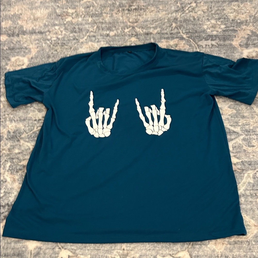 Teal T-Shirt with Skeleton Hand Design